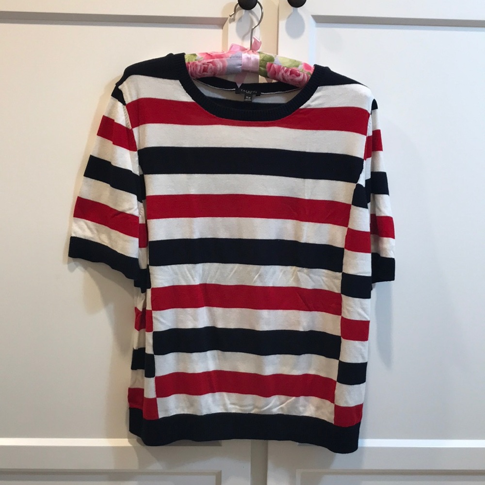 Talbots Short Sleeve Sweater Navy, White, and Blue Knit Top